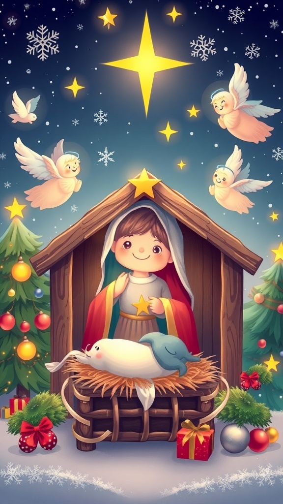 A vibrant Christmas wallpaper with Jesus in a nativity scene, stars, and festive decorations.